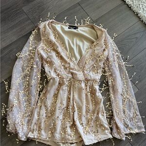 PrettyLittleThing Sequin-Trim Beige Romper